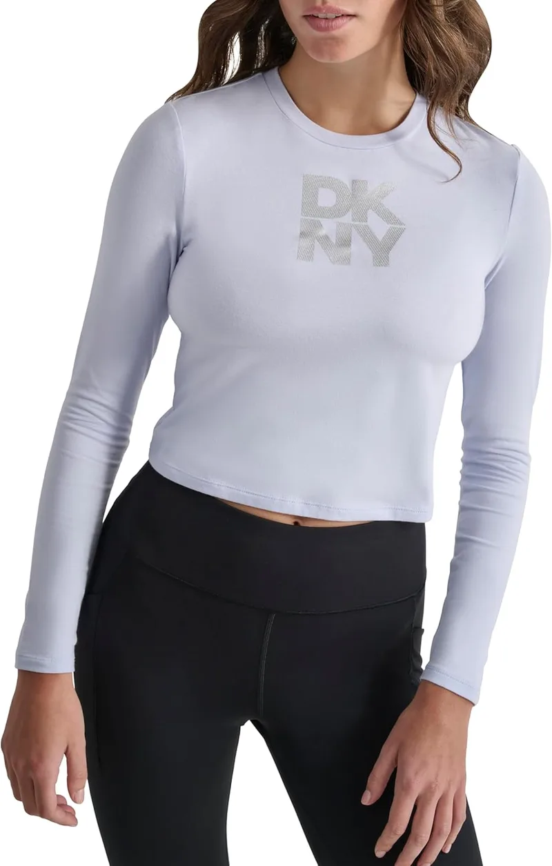 DKNY ▫️ T-shirt de manga comprida Stacked Textured Sttripe Logo T-Shirt para mulher