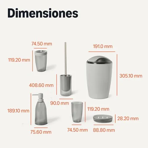 Amazon Basics ▫️ Conjunto de acessórios de casa de banho com suporte para escovas de dentes, dispensador de sabonete, saboneteira, copo, cesto do lixo, escova de sanita e suporte, cinzento 4