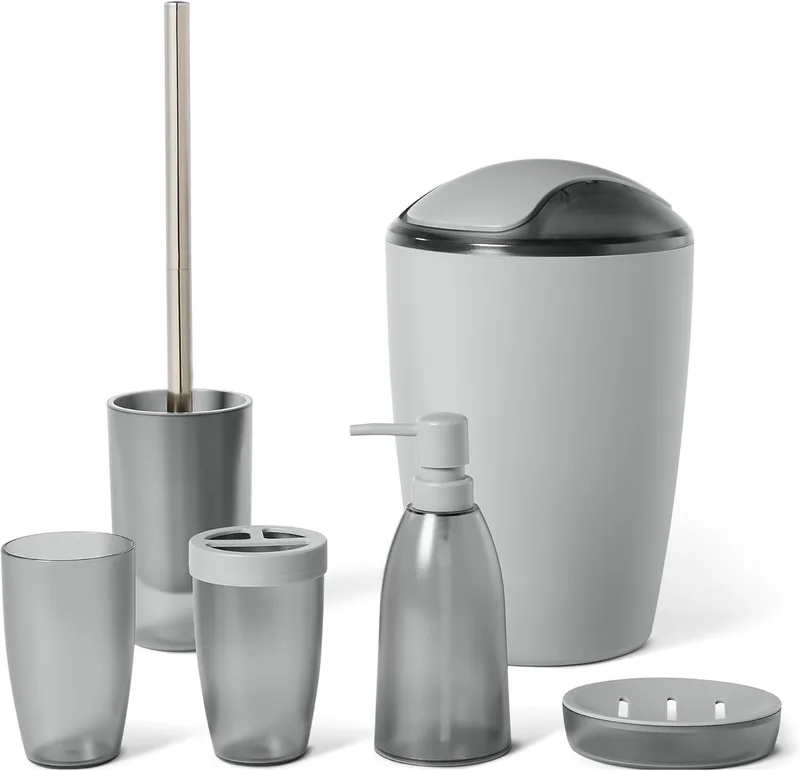 Amazon Basics ▫️ Conjunto de acessórios de casa de banho com suporte para escovas de dentes, dispensador de sabonete, saboneteira, copo, cesto do lixo, escova de sanita e suporte, cinzento