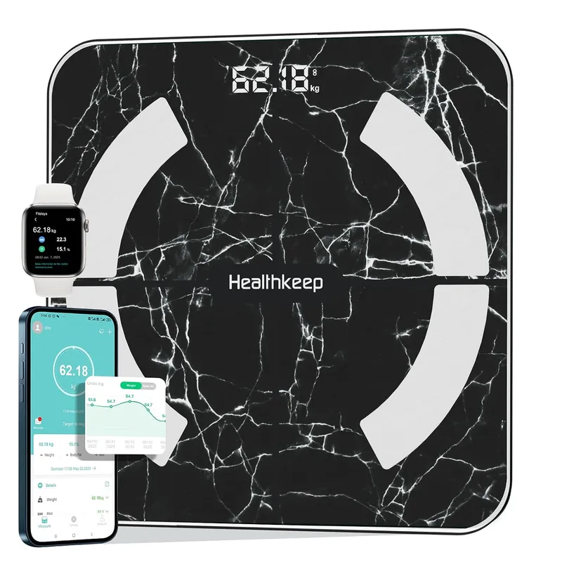 Healthkeep ▫️ Balance - Balança de equilíbrio com Bluetooth (13 indicadores) para Android e iOS, até 180 kg/400 lb/28 cm, cor preta