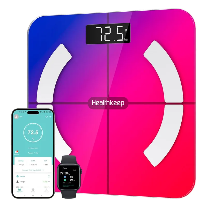 Healthkeep ▫️ Balance - Balança Bluetooth (alta precisão, 13 indicadores) para Andriod e iOS Max 180 kg/400 lb/28 cm, multicolor