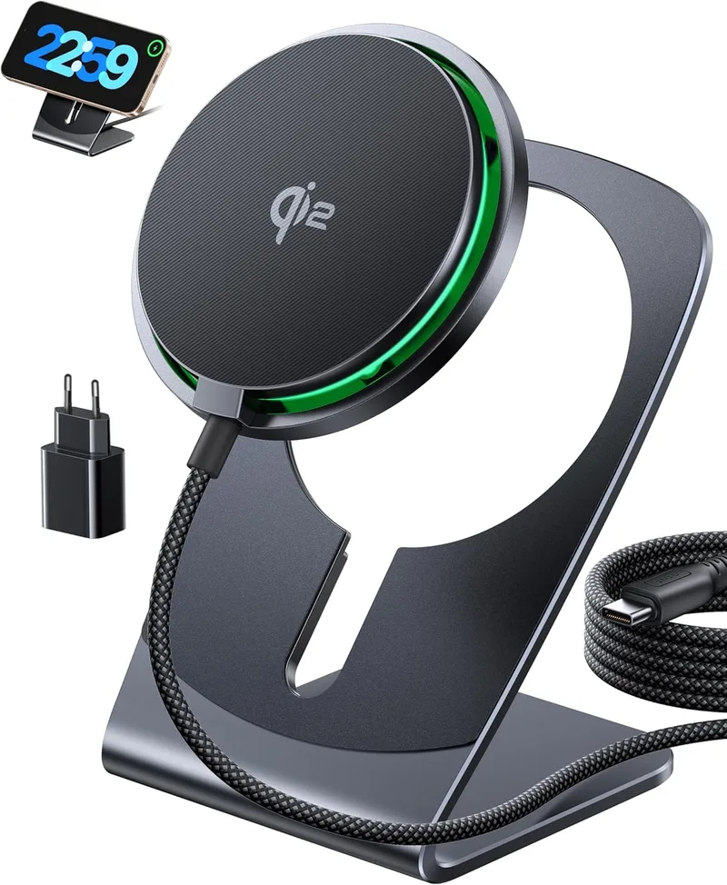 INIU ▫️ Carregador sem fios para iPhone, base de carregamento rápido magnético com certificação Qi2 de 15W e suporte para telemóvel, carregador sem fios Mag-Safe para iPhone 17 16 15 14 13 Pro Max Mini AirPods 4 3(com adaptador USB C 20W)