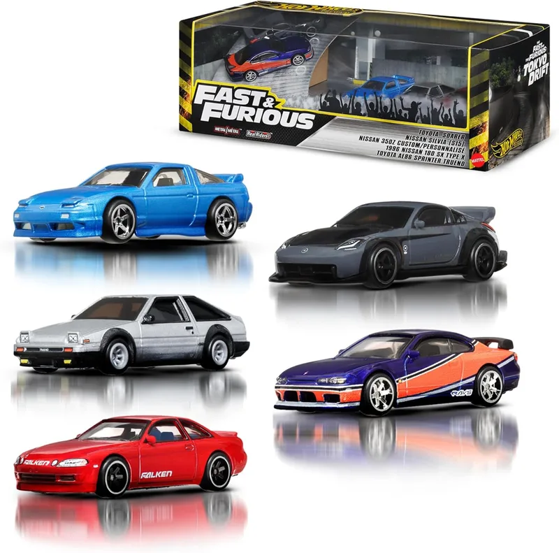 Hot Wheels ▫️ Premium Fast & Furious Tokyo Drift – Conjunto de 5 carros de brincar metálicos à escala 1:64, veículos do filme «Fast & Furious» com embalagem colecionável, JFL99