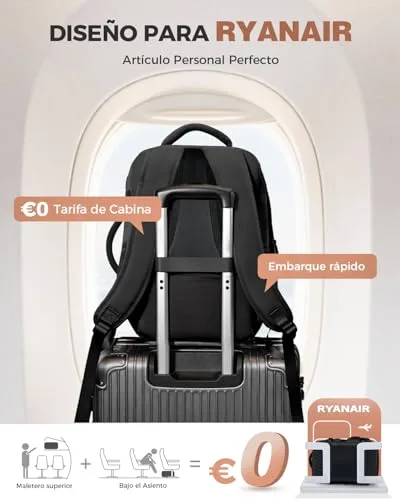 Lekespring ▫️ Mochila de viagem para bagagem de mão de avião para mulher 40x20x25 (20 L), preta 2