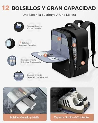 Lekespring ▫️ Mochila de viagem para bagagem de mão de avião para mulher 40x20x25 (20 L), preta 5
