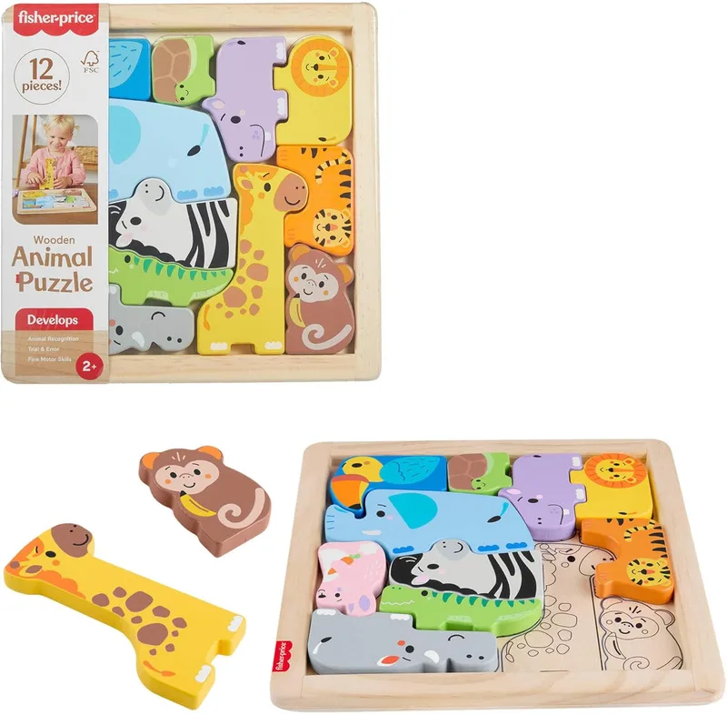 Fisher-Price ▫️ Children's Wooden Animal Puzzle, jogo de ordenação de formas com 13 peças de madeira para a idade pré-escolar, a partir dos 2 anos, JFG10