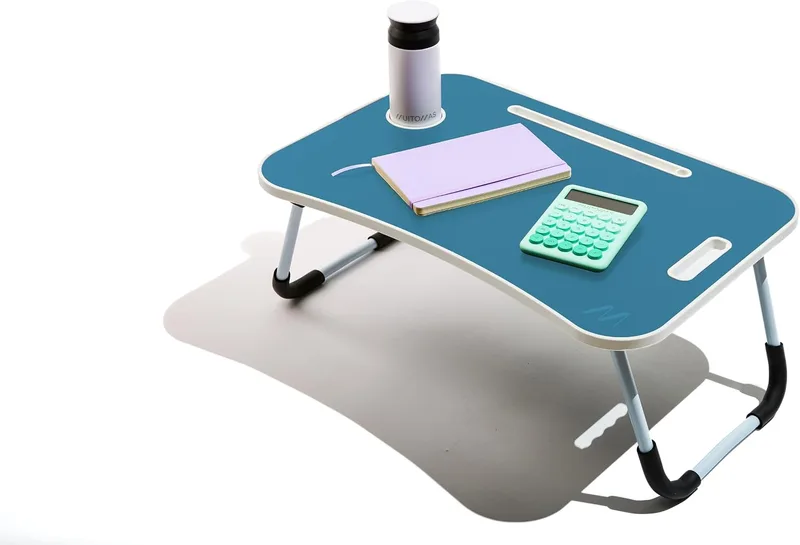 Muitomas ▫️ Mesa para teletrabalho, secretária dobrável em plástico e metal, dobrável com porta-copos e suporte para tablet, para cama e sofá, 60 x 40 x 30 cm, cor azul petróleo