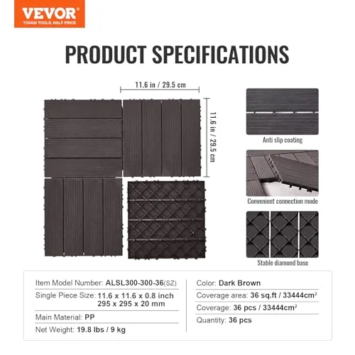 VEVOR ▫️ Ladrilhos entrelaçados para terraço, Embalagem de 36, 300 x 300 x 20 mm, de plástico, resistentes à água, para utilização em todos os tipos de clima, para terraços, alpendres, piscinas, varandas, castanho-escuro 7