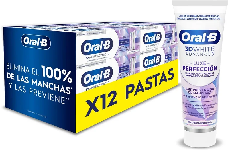 Oral-B ▫️ 3D White Advanced Luxe Perfection Pasta de dentes branqueadora, embalagem de 12x75 ml - Branqueamento avançado, remoção de manchas, pasta de dentes com flúor, sabor a menta fresca