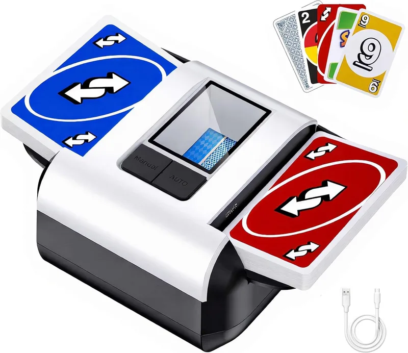 OUFUYU ▫️ Baralhador de cartas automático, Baralhador de cartas automático recarregável para 1-2 baralhos de cartas - Modo silencioso automático/manual para póquer, UNO, blackjack, Skip-BO, bridge
