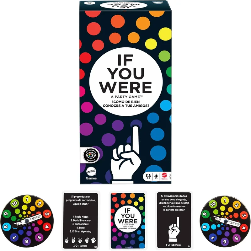 Mattel Games ▫️ «If You Were», jogo de tabuleiro para adultos com perguntas absurdas e votação por levantamento do dedo, com cartas em espanhol e rodas de pontuação, para 3 a 8 jogadores, JGG87
