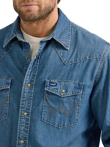 Wrangler ▫️ Camisa de ganga para homem, coleção de ganga, camisa de botões de pressão para homem, ganga com lavagem escura, tamanho S 3