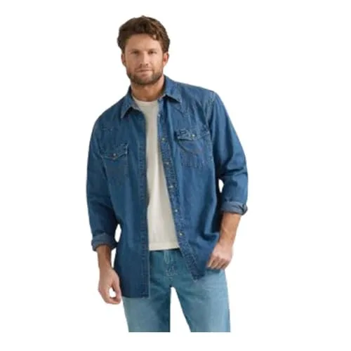 Wrangler ▫️ Camisa de ganga para homem, coleção de ganga, camisa de botões de pressão para homem, ganga com lavagem escura, tamanho S 4