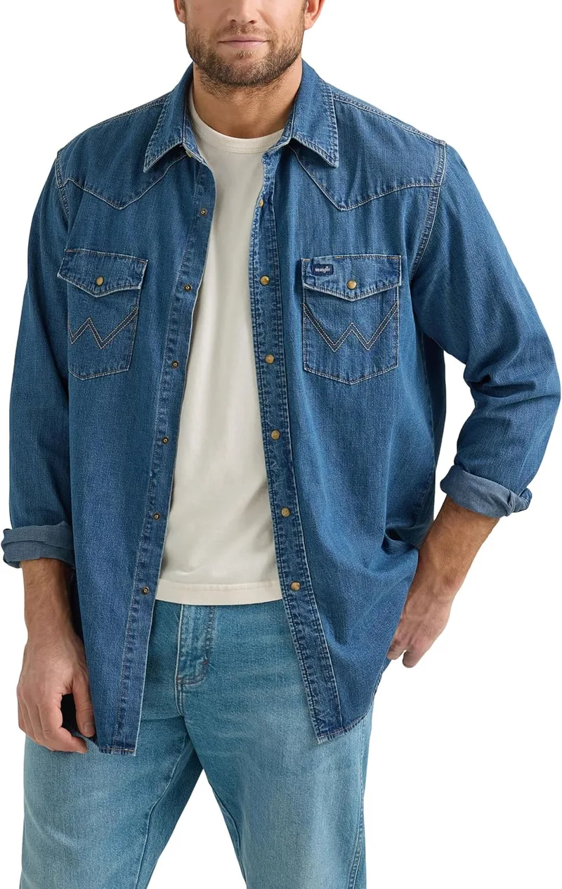 Wrangler ▫️ Camisa de ganga para homem, coleção de ganga, camisa de botões de pressão para homem, ganga com lavagem escura, tamanho S