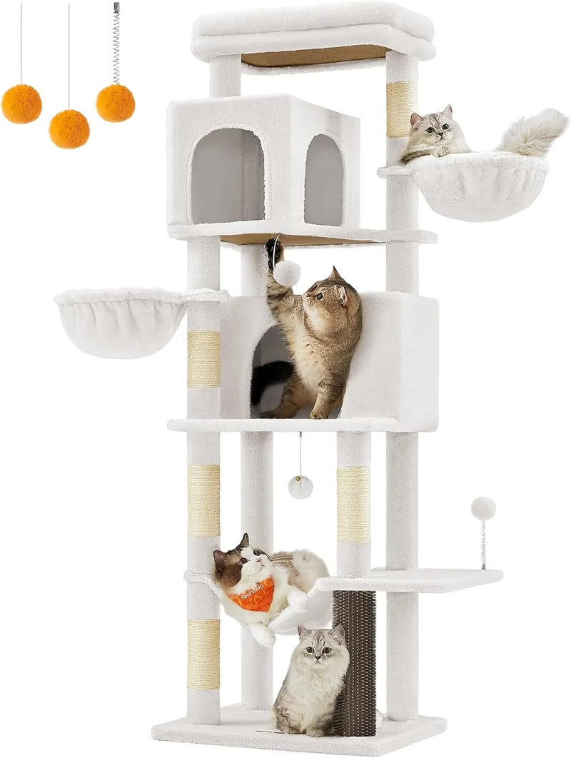 Feandrea ▫️ Árvore Grande para Gatos, Torre para Arranhar com 175 cm de Altura, Multinível com 2 Cavernas, 2 Cestos, 5 Arranhadores, Tapete, Plataforma, Rede, Branco Creme PCT182W02