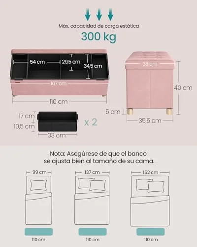 SONGMICS ▫️ Pufe com espaço de arrumação, banco dobrável, 110 x 38 x 40 cm, 112 L 3