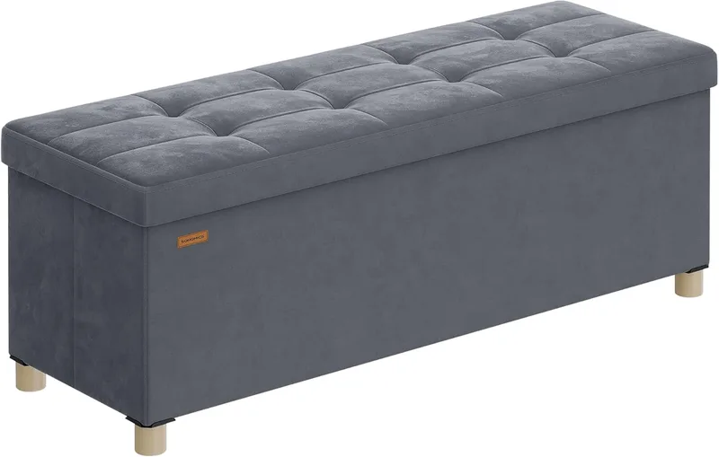 SONGMICS ▫️ Pufe com Espaço de Arrumação, Banco Dobrável, 38 x 110 x 40 cm, Apoio para os pés, 112 L, Superfície em veludo, para Quarto, Sala de Estar, Quarto, Cinza Ardósia LSF0518G02