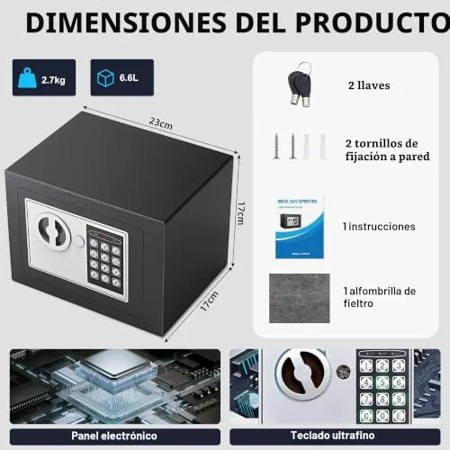 SINZUX ▫️ Cofre de 6,6 L com código eletrónico, de alta segurança, compacto, embutível e antirroubo, para casa/escritório/hotel/carro. Protege joias, dinheiro, armas e outros bens. Inclui chave. 2