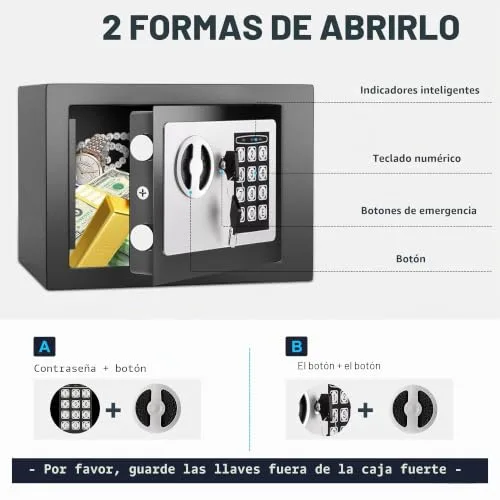 SINZUX ▫️ Cofre de 6,6 L com código eletrónico, de alta segurança, compacto, embutível e antirroubo, para casa/escritório/hotel/carro. Protege joias, dinheiro, armas e outros bens. Inclui chave. 3