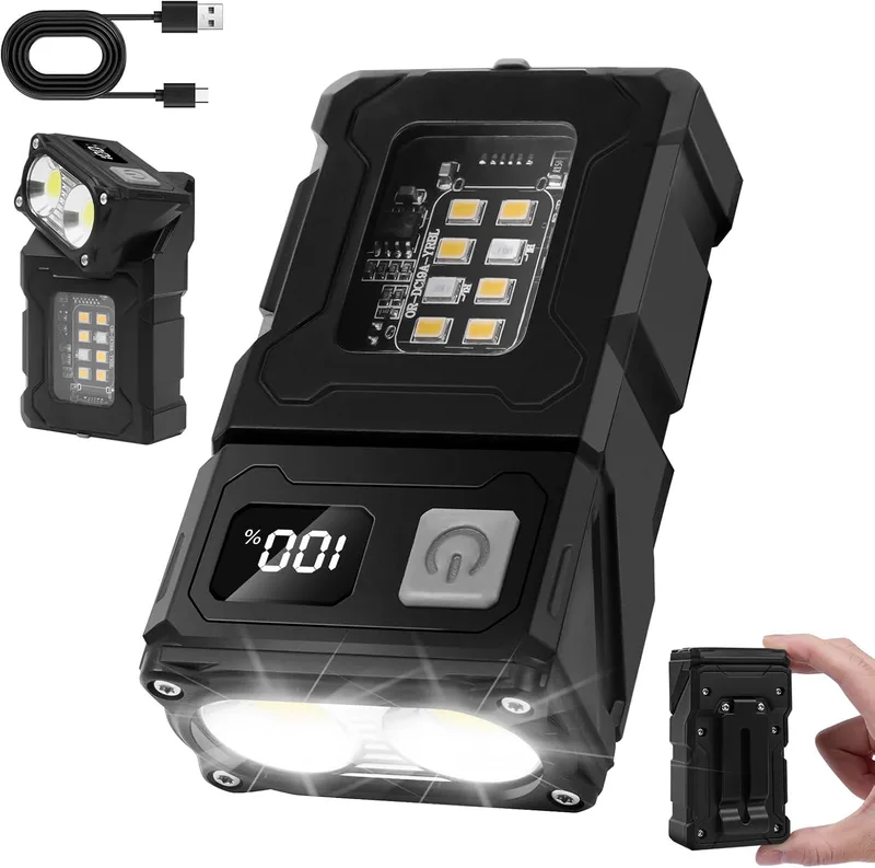 flintronic ▫️ Lanterna LED recarregável, lanterna LED recarregável de alta potência, mini lanterna com flash vermelho e azul, 7 modos, com ecrã LCD, íman, rotação de 180°, para presente de campismo de emergência