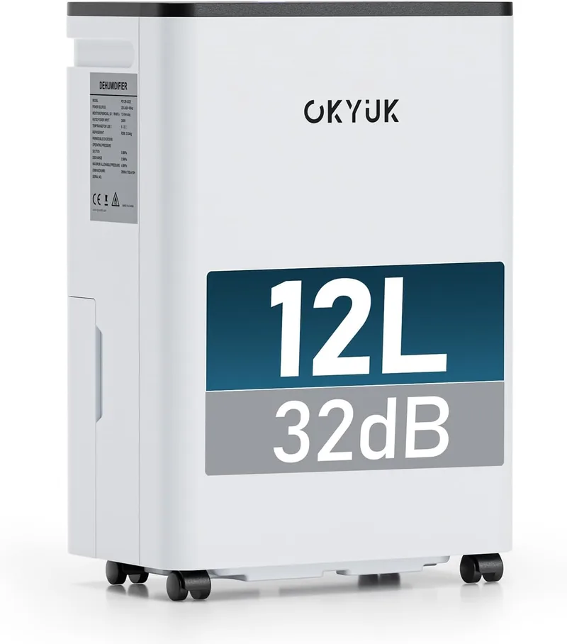 OKYUK ▫️ Desumidificador de 12 L com indicador digital de humidade, Desumidificadores de humidade para uso doméstico até 40 m² com desligamento automático, ideal para casas de banho, quartos e caves (12 L, branco)