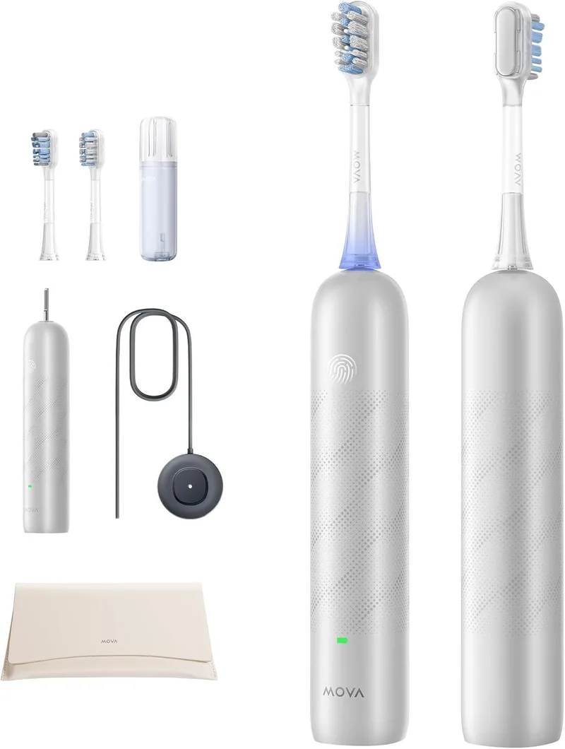 MOVA ▫️ Escova de dentes Fresh Pro 3DClean com aplicação, recarregável para adultos, 2 cabeças de escovagem 3 em 1 e estojo de viagem, autonomia da bateria de 30 dias, prateada