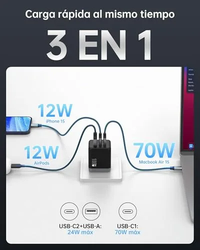 NOVOO ▫️ Carregador USB-C de 100 W, 3 portas, 1 cabo PD de 100 W 2