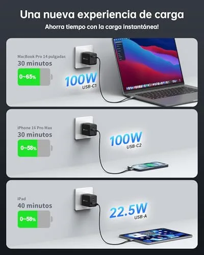 NOVOO ▫️ Carregador USB-C de 100 W, 3 portas, 1 cabo PD de 100 W 3