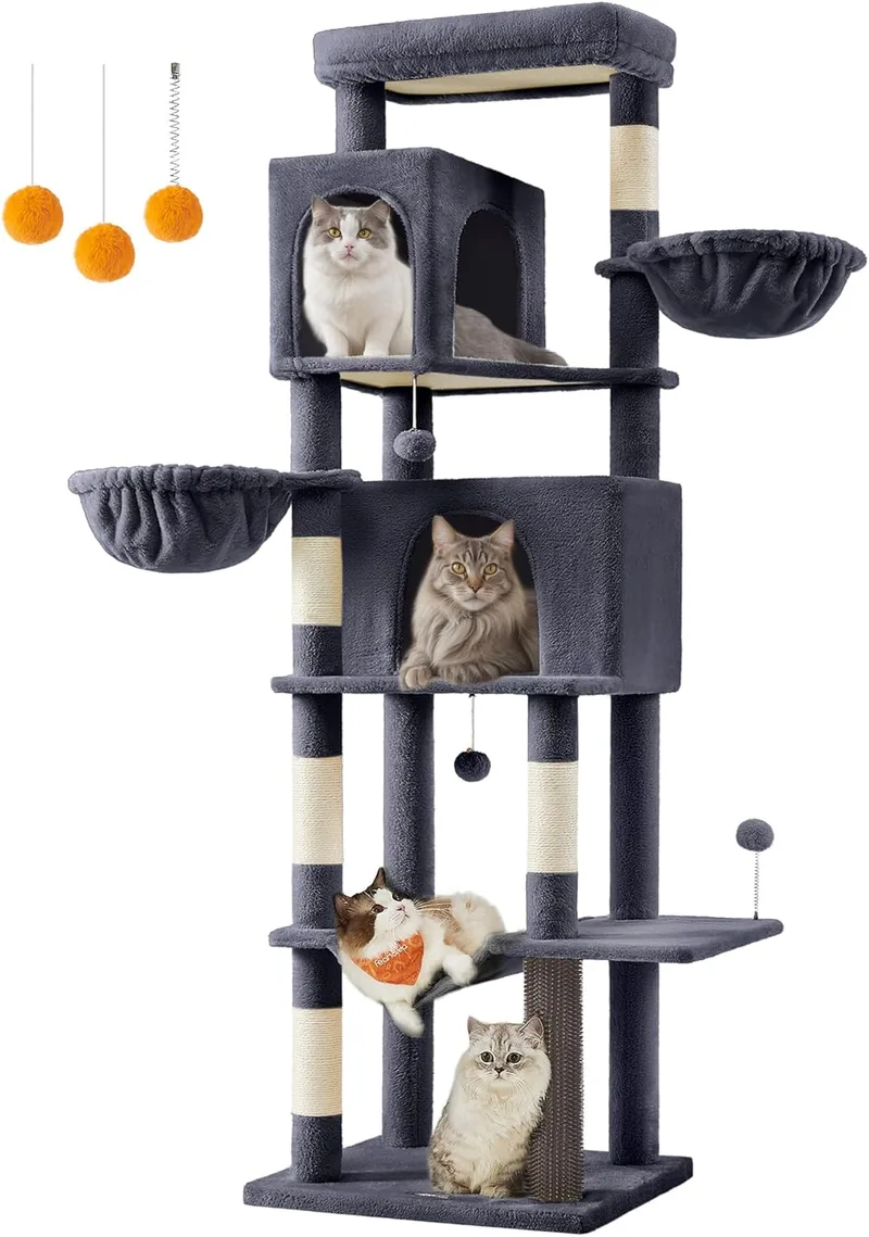 Feandrea ▫️ Árvore Grande para Gatos, Torre para Arranhar com 190,7 cm de Altura, Multinível com 2 Cavernas, 2 Cestos, 5 Arranhadores, Tapete, Plataforma, Rede, Cinza Escuro PCT183G02