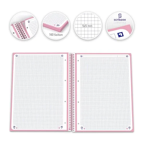 Oxford ▫️ Caderno Europeanbook 1 touch, microperfurado, capa extra-grossa, espiral, formato A4+, quadriculado 5x5, cor flamingo pastel (Embalagem de 2) 3