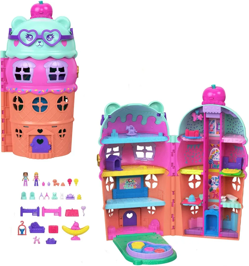 Polly Pocket ▫️ Conjunto de mini bonecas e jogos Casa grande de gelados, tema do urso de gelados com mais de 25 acessórios, incluindo mobiliário, comida e animais de estimação, JKB89