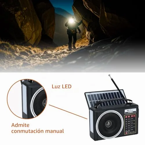 Lychee ▫️ Rádio AM/FM/SW portátil e compacto com Bluetooth, painel solar, iluminação LED portátil, bateria recarregável e leitor de MP3 compatível com cartão TF/USB (preto) 4