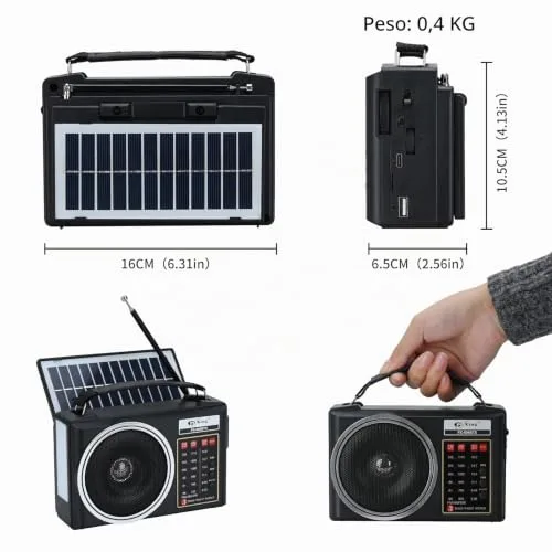 Lychee ▫️ Rádio AM/FM/SW portátil e compacto com Bluetooth, painel solar, iluminação LED portátil, bateria recarregável e leitor de MP3 compatível com cartão TF/USB (preto) 7