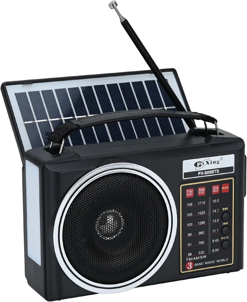 Lychee ▫️ Rádio AM/FM/SW portátil e compacto com Bluetooth, painel solar, iluminação LED portátil, bateria recarregável e leitor de MP3 compatível com cartão TF/USB (preto)