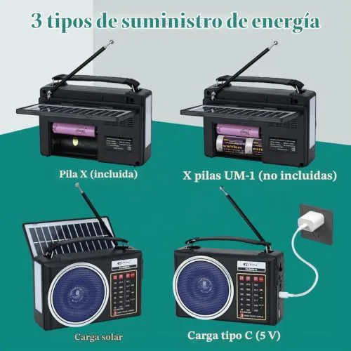 Lychee ▫️ Rádio AM/FM/SW portátil e compacto com Bluetooth, painel solar, iluminação LED portátil, bateria recarregável e leitor de MP3 compatível com cartão TF/USB (azul) 5