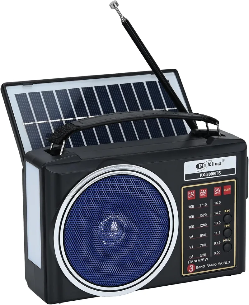 Lychee ▫️ Rádio AM/FM/SW portátil e compacto com Bluetooth, painel solar, iluminação LED portátil, bateria recarregável e leitor de MP3 compatível com cartão TF/USB (azul)