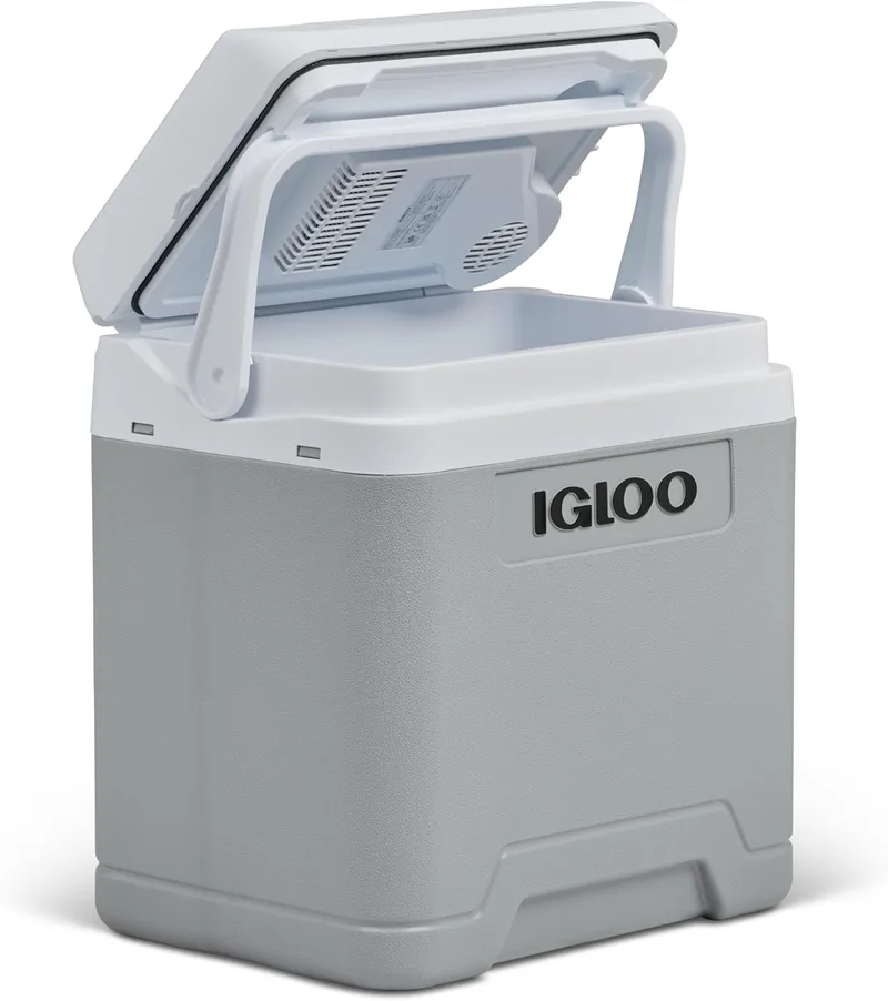 Igloo ▫️ IE27DC Frigorífico Elétrico, 12 V, 27 L – Mini-frigorífico compacto para carro, campismo, viagens, barco e festivais – Leve, portátil e com compartimento para cabos