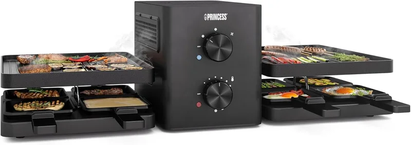 Princess ▫️ Raclette Purify, 8 pessoas, sistema integrado de purificação do ar, termóstato ajustável, peças laváveis na máquina de lavar louça, revestimento antiaderente, cabo de 2 m, 162660