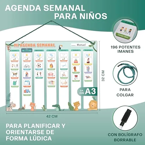 Mini Mindz ▫️ Planeador semanal para crianças - Quadro magnético Montessori com um bonito design, que inclui 196 ímanes e uma caneta - Jogos educativos a partir dos 3 anos - Calendário infantil 2