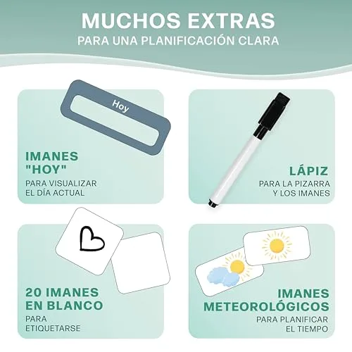 Mini Mindz ▫️ Planeador semanal para crianças - Quadro magnético Montessori com um bonito design, que inclui 196 ímanes e uma caneta - Jogos educativos a partir dos 3 anos - Calendário infantil 4