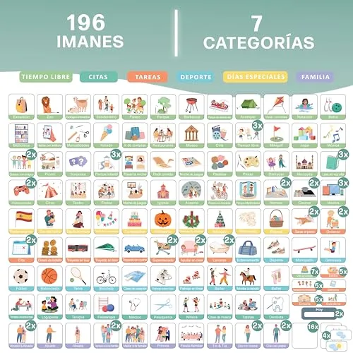 Mini Mindz ▫️ Planeador semanal para crianças - Quadro magnético Montessori com um bonito design, que inclui 196 ímanes e uma caneta - Jogos educativos a partir dos 3 anos - Calendário infantil 7