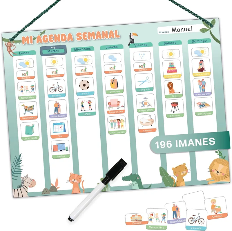 Mini Mindz ▫️ Planeador semanal para crianças - Quadro magnético Montessori com um bonito design, que inclui 196 ímanes e uma caneta - Jogos educativos a partir dos 3 anos - Calendário infantil
