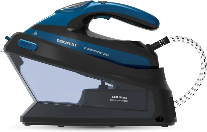 Taurus ▫️ Sliding Perfect 2800 - Centro de engomagem | Potência de 2800 W | Pressão de 5,5 bar | Ecrã digital | Cerâmica | Super vapor de 400 g/min | Modo ECO | Engomagem vertical | Azul