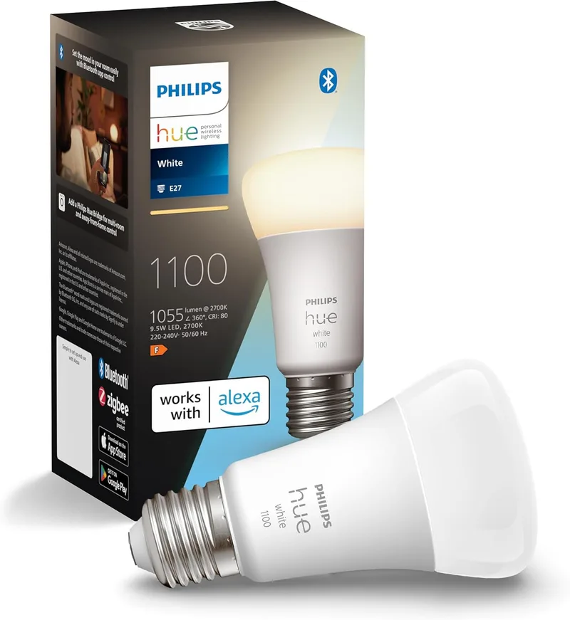Philips Hue White E27 embalagem individual 1x1055lm, regulável, luz branca quente, controlável através de aplicação, compatível com Amazon Alexa (Echo, Echo Dot)
