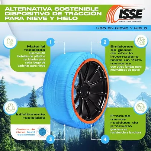 ISSE ▫️ Correntes para carro para neve Recycled |T-54| Homologação EN 16662-1 - Correntes de neve têxteis fáceis de instalar - Correntes de neve para automóveis antiderrapantes e resistentes - Kit de 2 correntes + luvas 2