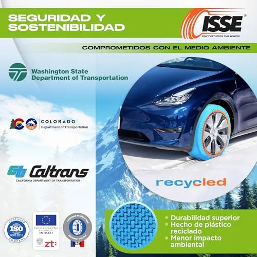 ISSE ▫️ Correntes para carro para neve Recycled |T-54| Homologação EN 16662-1 - Correntes de neve têxteis fáceis de instalar - Correntes de neve para automóveis antiderrapantes e resistentes - Kit de 2 correntes + luvas 3