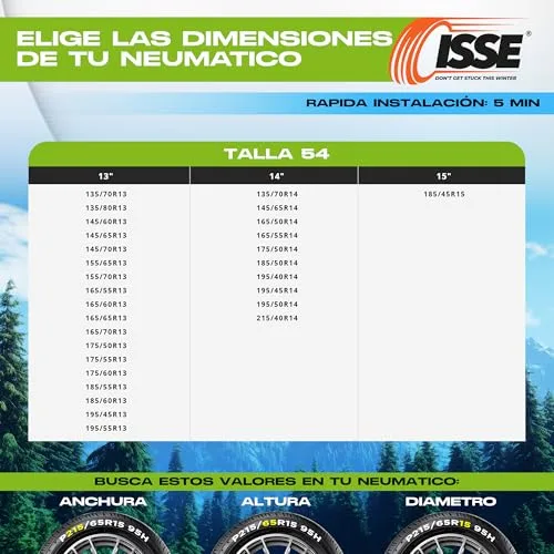 ISSE ▫️ Correntes para carro para neve Recycled |T-54| Homologação EN 16662-1 - Correntes de neve têxteis fáceis de instalar - Correntes de neve para automóveis antiderrapantes e resistentes - Kit de 2 correntes + luvas 6