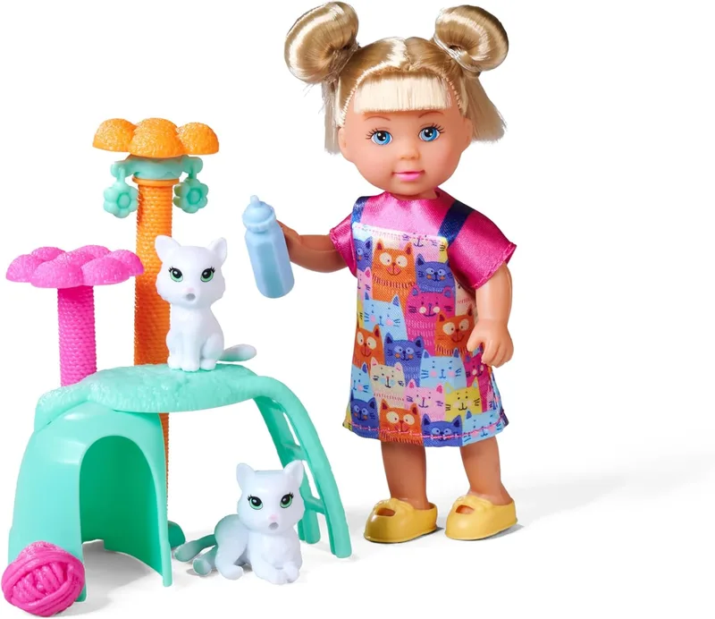 Simba ▫️ Boneca Evi Love Kitten Tree 12 cm, com vestido de gatinho, árvore de arranhar, 2 figuras de gato e acessórios, adequada para jogos de cuidados com animais, +3 anos, coleção Steffi & Evi (105733997)