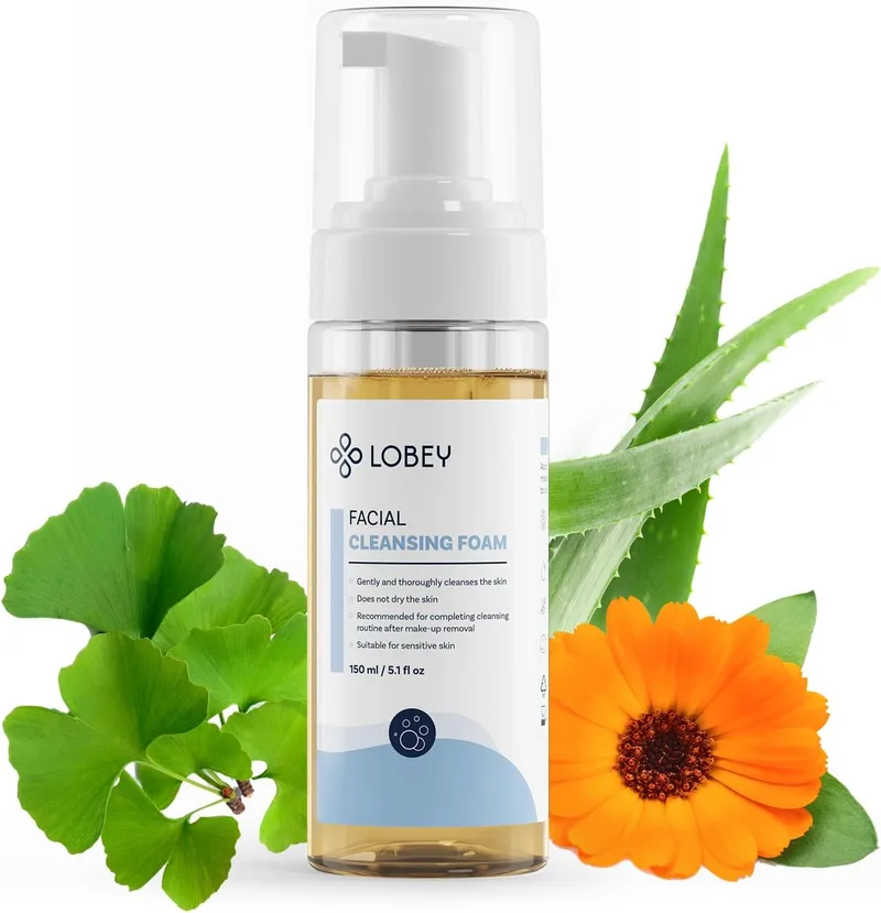 LOBEY ▫️ Espuma de limpeza facial, limpeza do rosto, limpeza do rosto, cuidados faciais com camomila, aloé vera e ginkgo biloba, cosméticos naturais (150 ml)