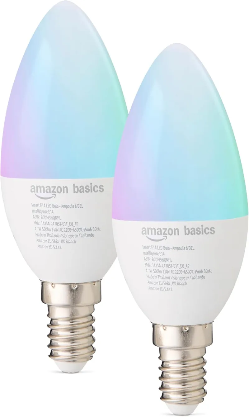 Amazon Basics ▫️ Lâmpada inteligente E14, Wi-Fi de 2,4 GHz: não requer ponto de acesso, funciona apenas com a Alexa, mudança de cor, embalagem de 2 unidades, multicolorida